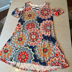 Super colorful Blue Time dress. Cold Shoulder. Size Medium.